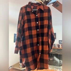 Red and black plaid long sleeve shirt dress